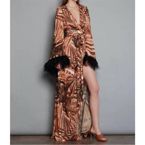 BRONX AND BANCO Geisha 
Kenya Kimono Dress in Printed Silk with Ostrich Feathers - Picture 4 of 6
